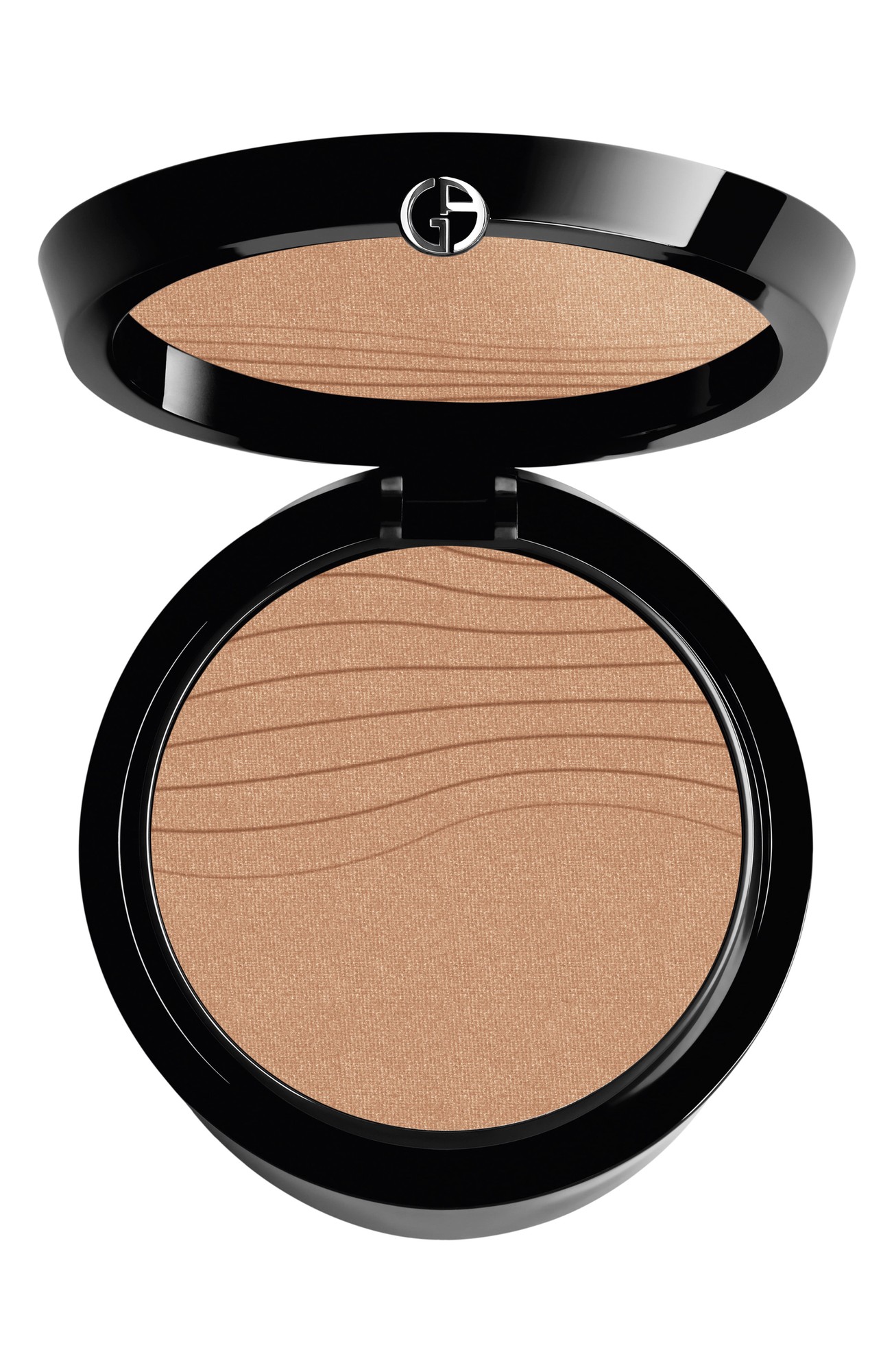 Luminous Silk Glow Fusion Powder in a sleek black compact, featuring a textured golden-brown powder with subtle shimmer and the Giorgio Armani logo on the lid.