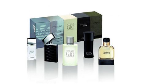 Giorgio Armani Miniatures Gift Set for Him featuring six small bottles of cologne in various shapes, colors, and designs, presented in a stylish gift box.