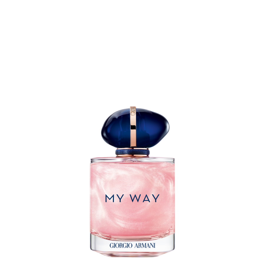Clear glass bottle with a pink swirl inside, topped with a navy blue cap and gold accent, featuring the text "MY WAY" in bold black letters.