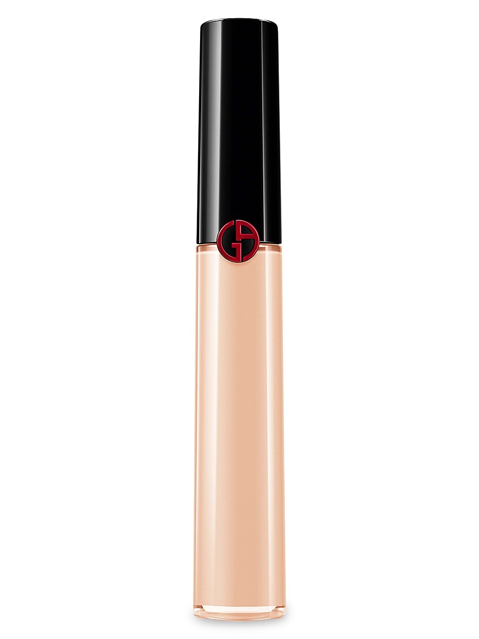 Giorgio Armani Power Fabric Concealer in a sleek, transparent tube with a black cap, featuring a red logo, showcasing a light beige liquid inside.