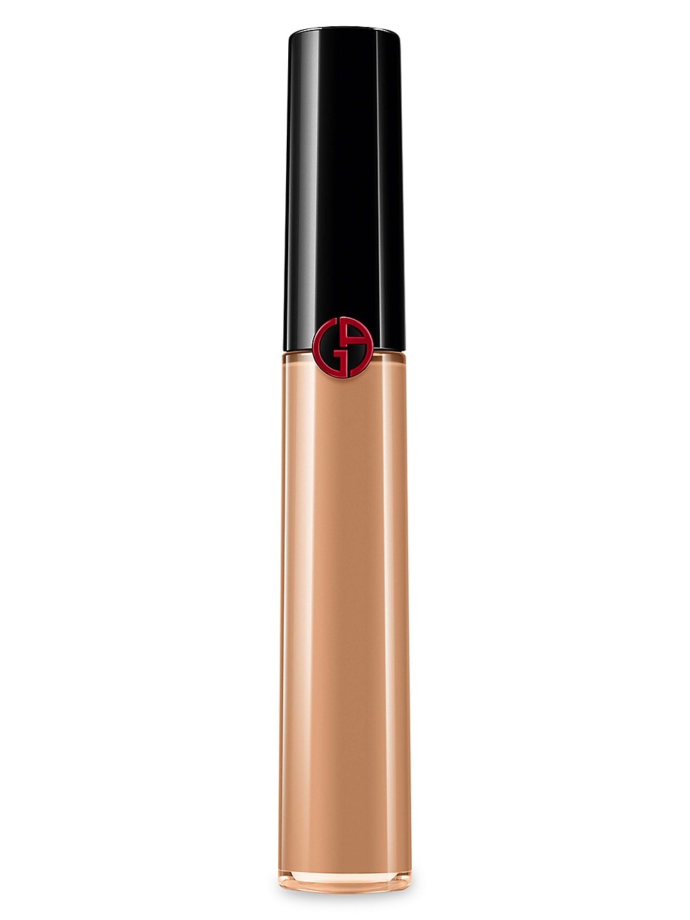 Giorgio Armani Power Fabric Concealer in shade 8, featuring a sleek, transparent glass tube with a black cap and red logo, showcasing a creamy, tan concealer inside.