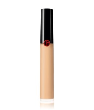 Armani Beauty Power Fabric Concealer in shade 4, featuring a sleek, transparent tube with a black cap and red logo, showcasing a creamy, light beige formula.