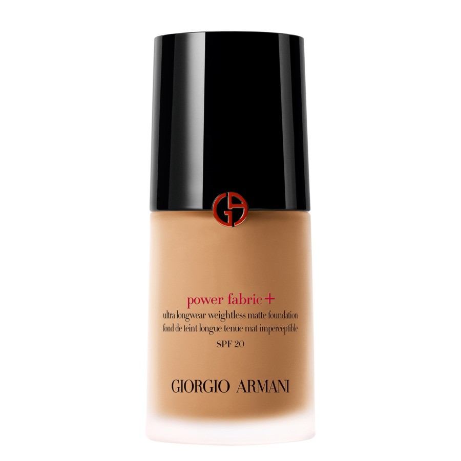 Giorgio Armani Power Fabric Plus foundation in a 1 oz glass bottle, featuring a sleek black cap, with a label highlighting "No.4.25" and SPF 20.