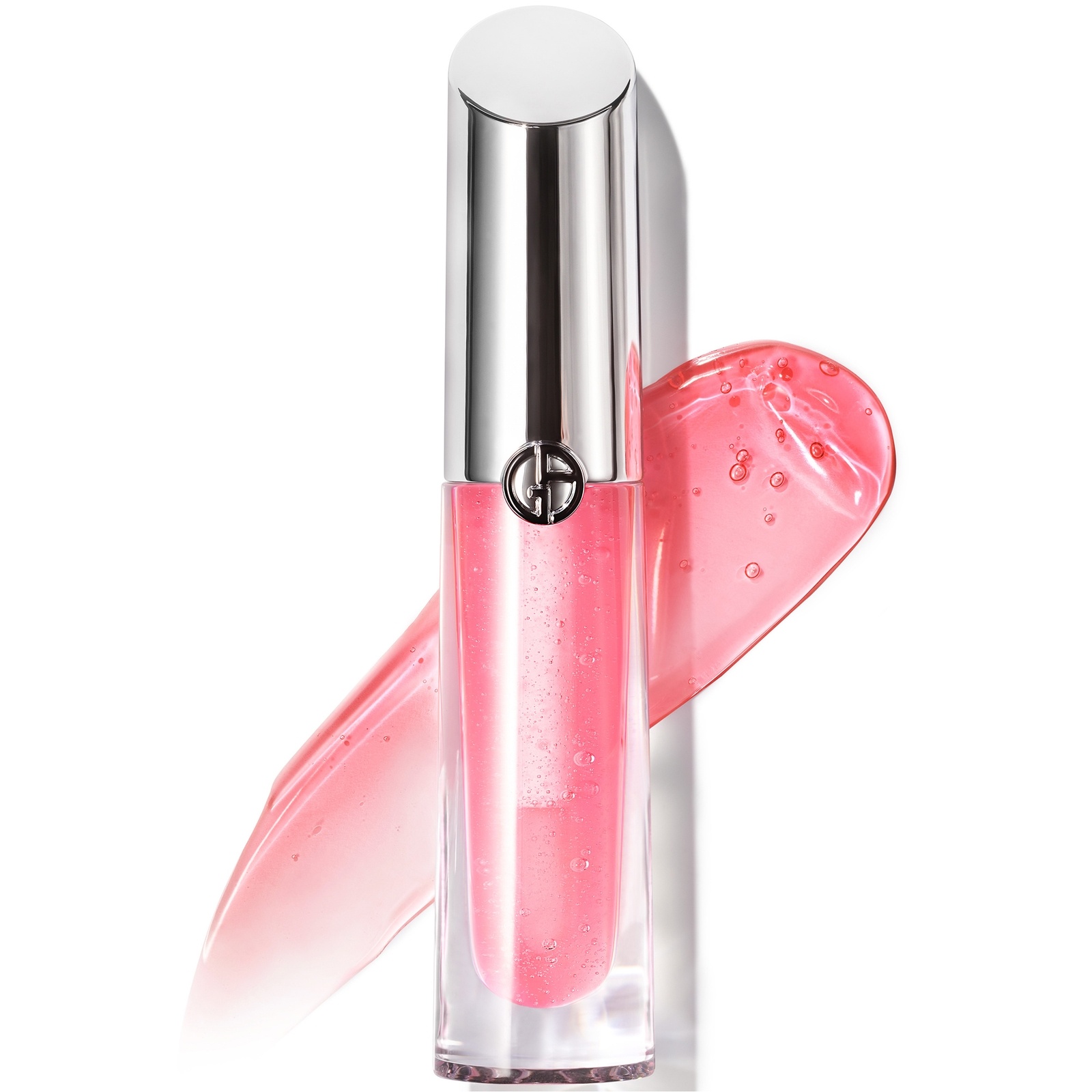 Clear tube of Armani Prisma Glass Lip Gloss featuring a shiny silver cap, filled with a shimmering pink gloss, accompanied by a glossy pink swatch.