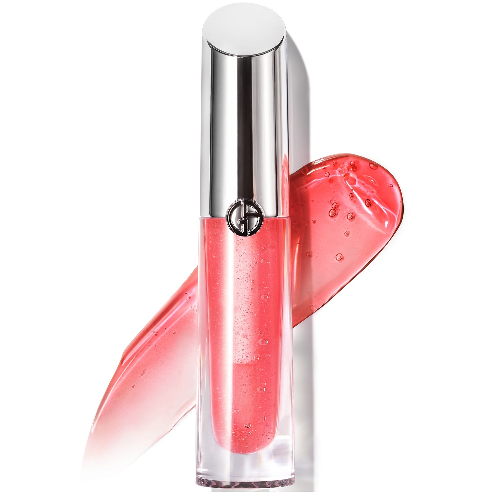 Clear lip gloss tube with a silver cap, featuring the Giorgio Armani logo, filled with a shimmering pink gloss, accompanied by a swatch of the gloss on a white background.