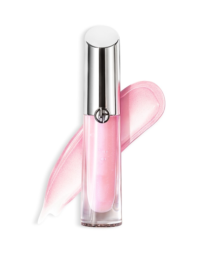 Giorgio Armani Prisma Glass Lip Gloss in a sleek transparent tube with a silver cap, featuring a soft pink shade and a glossy finish, accompanied by a swatch of the gloss.