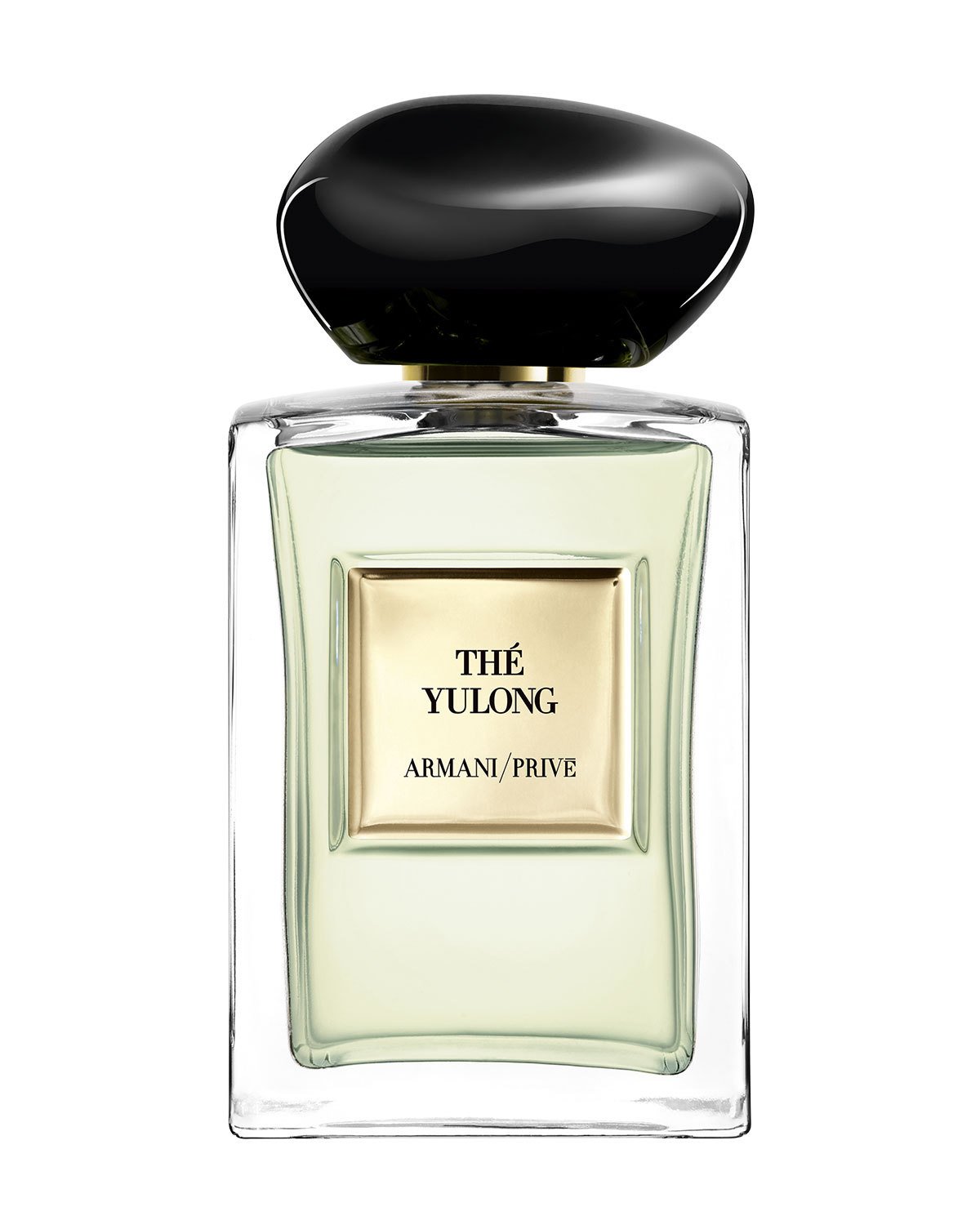 Clear glass bottle with a square shape, featuring a gold label that reads "THÉ YULONG" and a black rounded cap, containing a light green liquid.