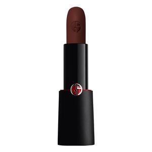 Rouge D'Armani Matte Lipstick in shade 200 features a sleek black casing with a red accent, showcasing a rich, deep brown lipstick bullet with the Armani logo embossed on top.