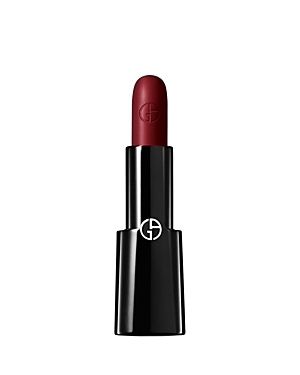 Giorgio Armani Rouge D'Armani Lipstick in shade 404 Flamboyant features a sleek black tube with a glossy finish and a rich, deep red satin bullet.