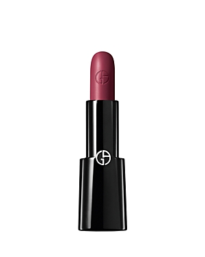 Giorgio Armani Rouge D'Armani Lasting Satin Lipstick in shade 600 Front-Row, featuring a sleek black case and a rich, deep berry-colored bullet.