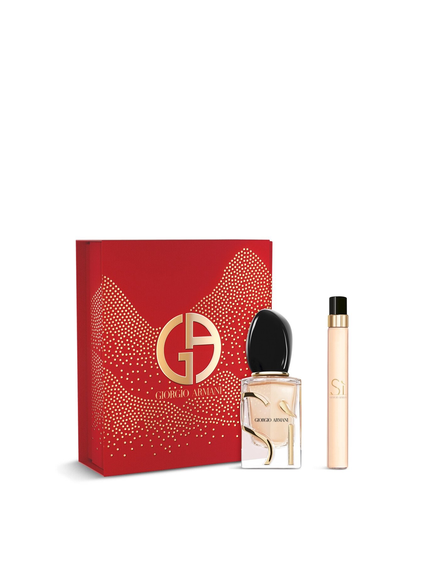 Giorgio Armani Sì gift set featuring a 30ml EDP bottle with a black cap and a 10ml EDP rollerball, presented in a red box adorned with gold accents and a dotted design.