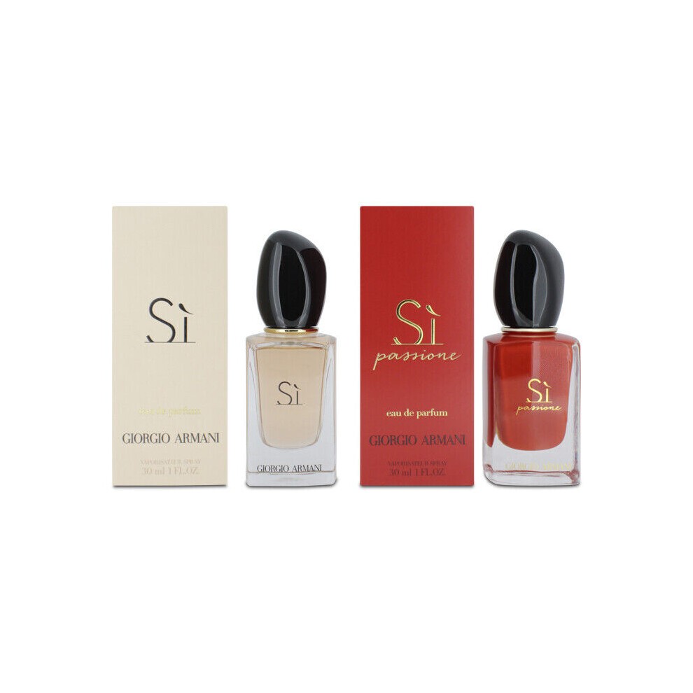 Giorgio Armani Si 30ml Eau De Parfum Travel Gift Set featuring two glass bottles—one clear with a black cap and one red—packaged in elegant cream and red boxes.