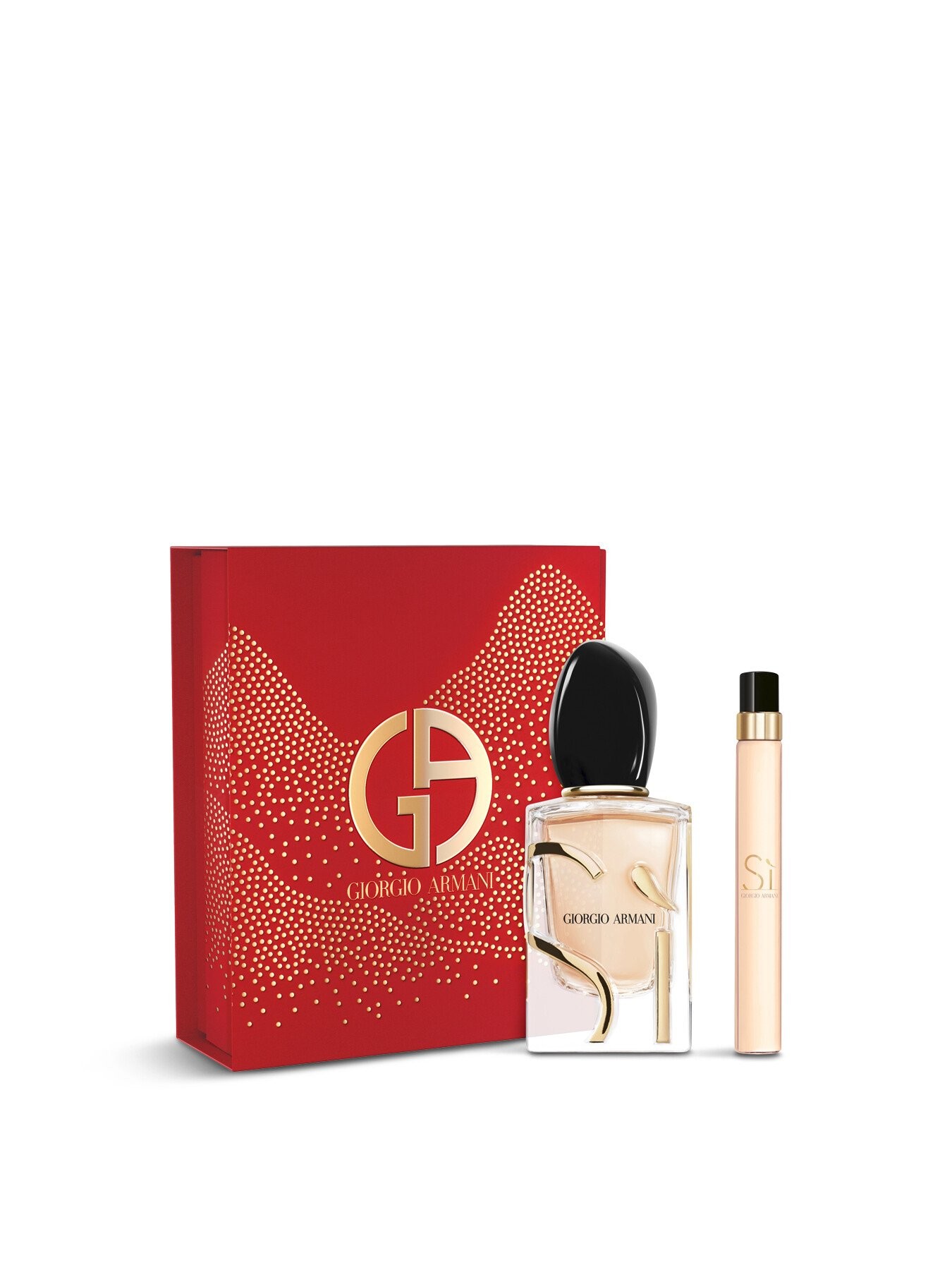 Giorgio Armani Si Eau De Parfum gift set featuring a 50ml glass bottle with a black cap and a 10ml travel spray, presented in a red box with gold logo and dotted design.
