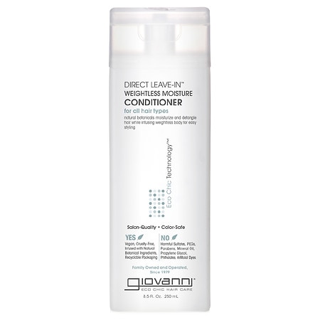 Clear plastic bottle with a white label, featuring "Giovanni Direct Leave-in Weightless Moisture Conditioner" text, 8.5 oz size, and notes on being paraben and sulfate-free.