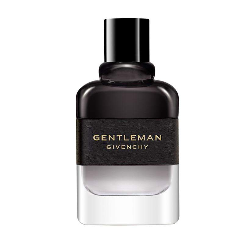 Givenchy Gentleman Boisee EDP bottle features a sleek, dark glass design with a black cap and a textured black label displaying gold lettering, holding 60ml of fragrance.
