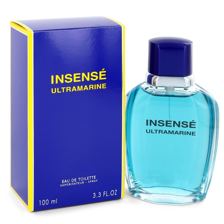 Bright blue glass bottle with a rounded shape, featuring a navy blue cap, next to a yellow box with bold blue text reading "INSENSÉ ULTRAMARINE" and product details.