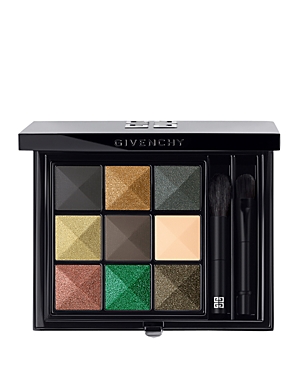 Givenchy Le 9 0.28 Multi Finish Eyeshadow Palette #02 features nine square pans in various shades, including green, gold, brown, and beige, with a sleek black case and two applicators.