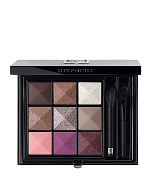 Givenchy's Le 9 De Givenchy eyeshadow palette features nine shades in a mix of matte and shimmer finishes, including pink, purple, and various browns, with two applicators included.