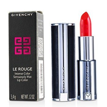 Givenchy Le Rouge lipstick in a vibrant pink shade, housed in a sleek silver and black case, accompanied by a stylish black box featuring the Givenchy logo.