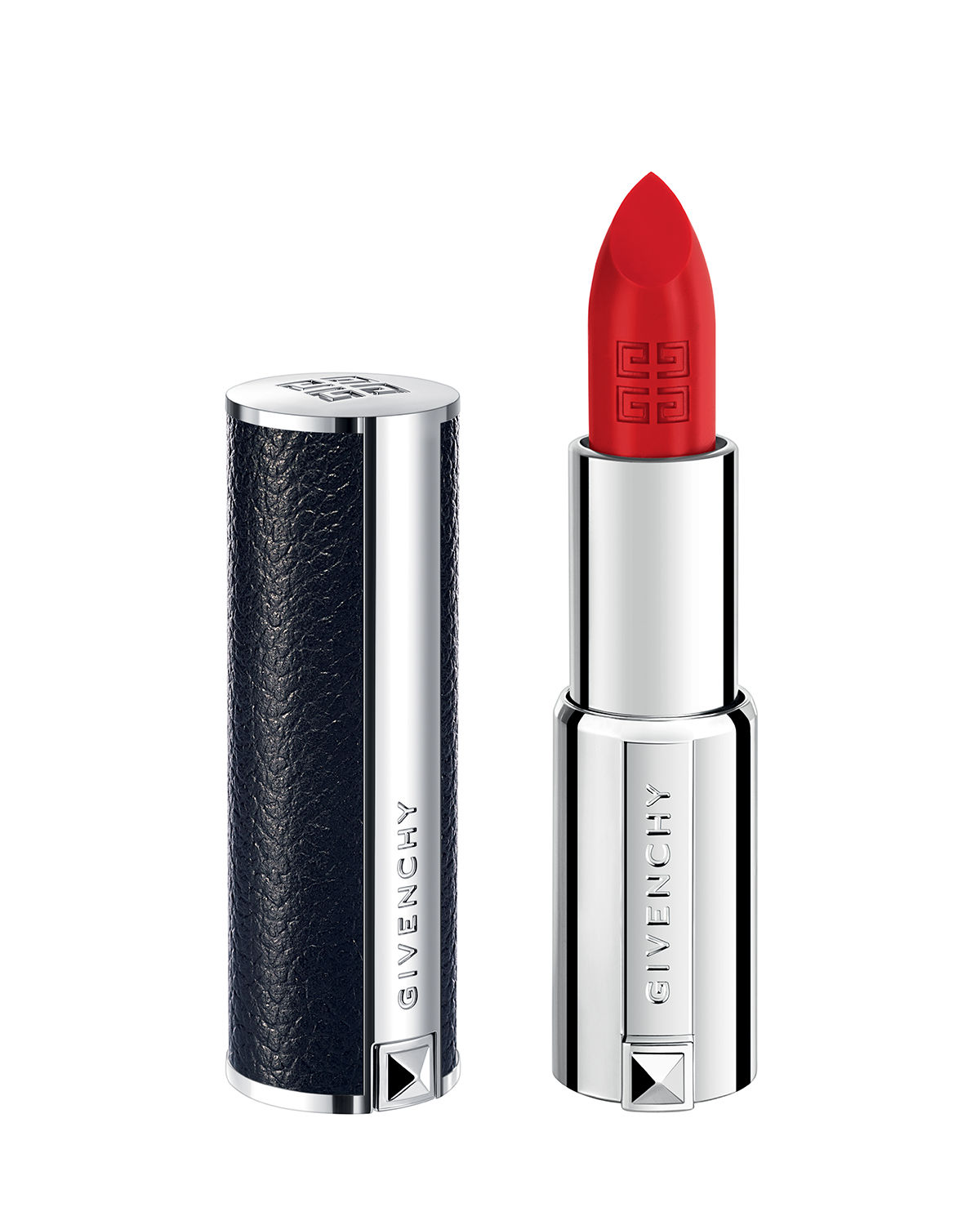A sleek lipstick tube with a textured black leather exterior and shiny silver accents, containing a vibrant red lipstick with an embossed logo on the bullet.