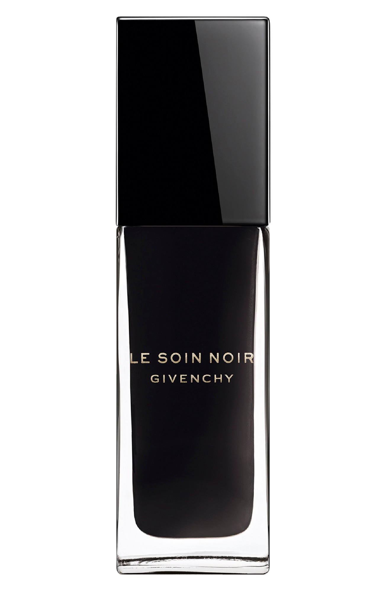 GIVENCHY Le Soin Noir Serum features a sleek black glass bottle with a glossy black cap and elegant gold lettering on the front, exuding luxury and sophistication.