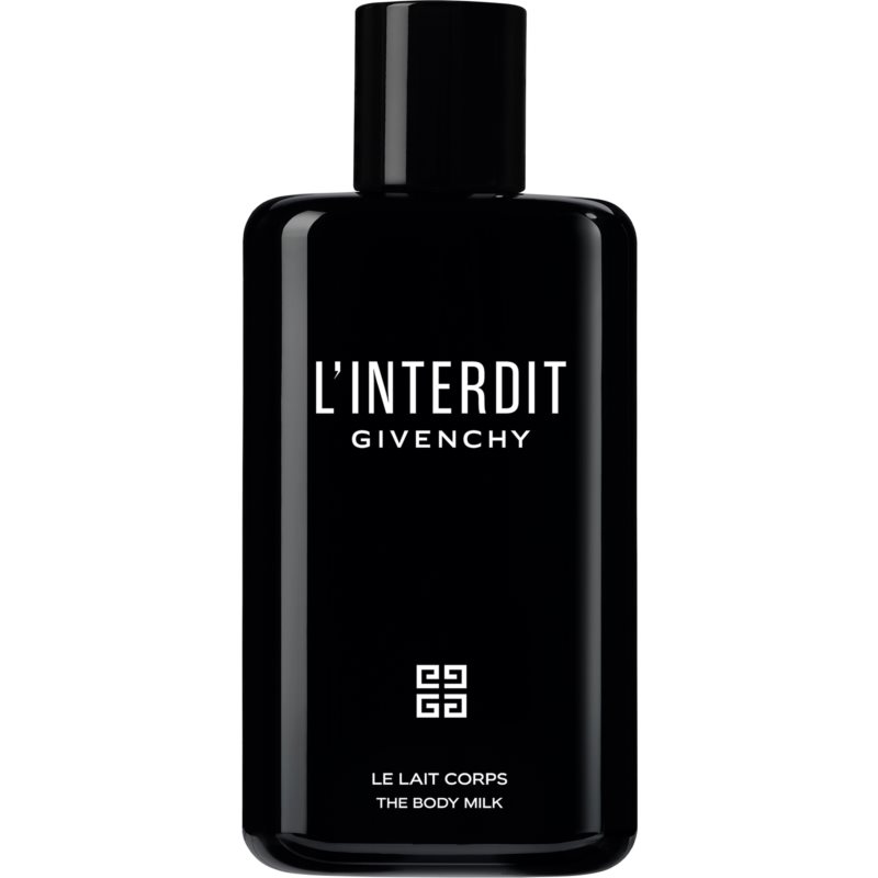 Black bottle of Givenchy L'Interdit Body Milk, 6.7 oz, featuring bold white text and a sleek design, with a simple black cap.