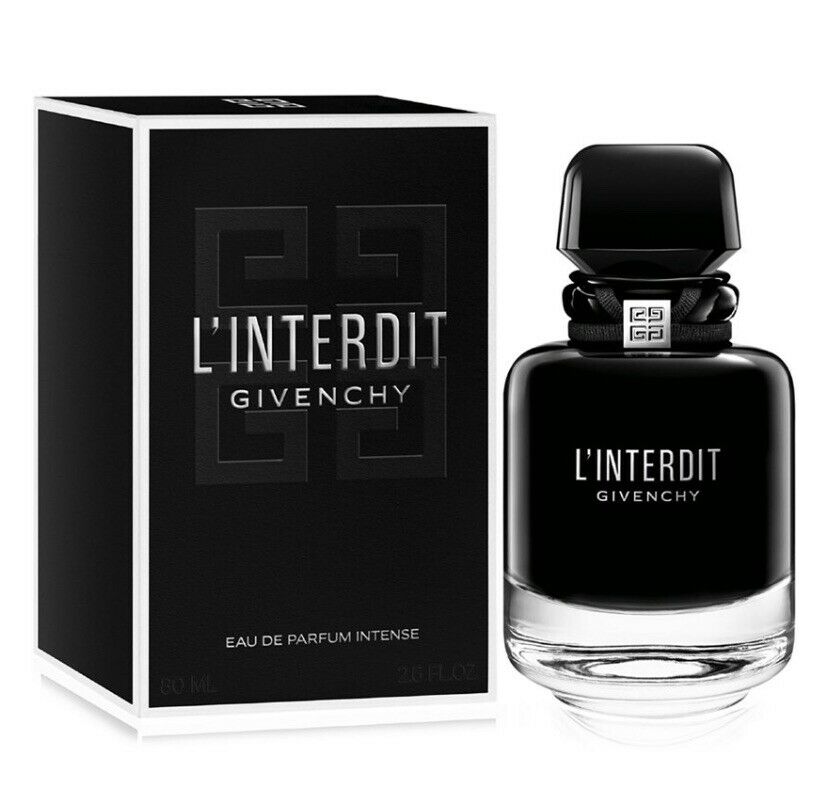 Givenchy L'interdit Eau De Parfum Intense in an elegant black glass bottle with a black cap, accompanied by a sleek black and white box featuring the brand logo.