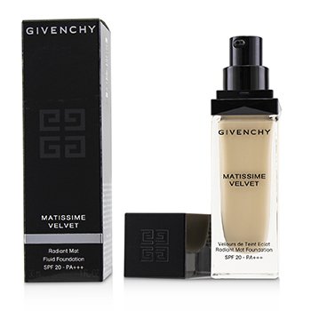 Givenchy Matissime Velvet Radiant Mat Fluid Foundation in #00 Mat Ivory, 30ml, features a sleek glass bottle with a pump and a matte black box with the brand logo.