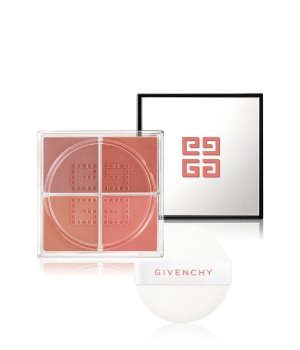 Four-color loose powder blush in pink hues, housed in a clear square container with a Givenchy logo, accompanied by a white puff for application.