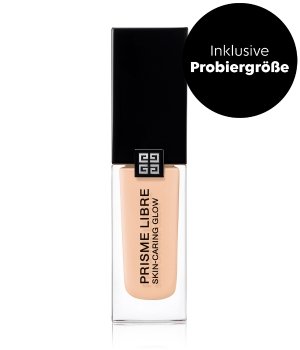 GIVENCHY Prisme Libre Skin-Caring Glow Foundation in a beige glass bottle with a sleek black cap, featuring the brand logo and a circular label indicating a sample size.