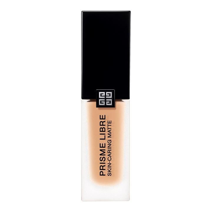 GIVENCHY Prisme Libre Skin-Caring Matte Foundation in a sleek glass bottle with a black cap, featuring a light nude liquid inside.