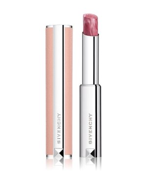 Givenchy Rose Perfecto Lip Balm in a sleek silver and blush pink tube, featuring a glossy, soft pink balm with a subtle shimmer for 24-hour hydration.