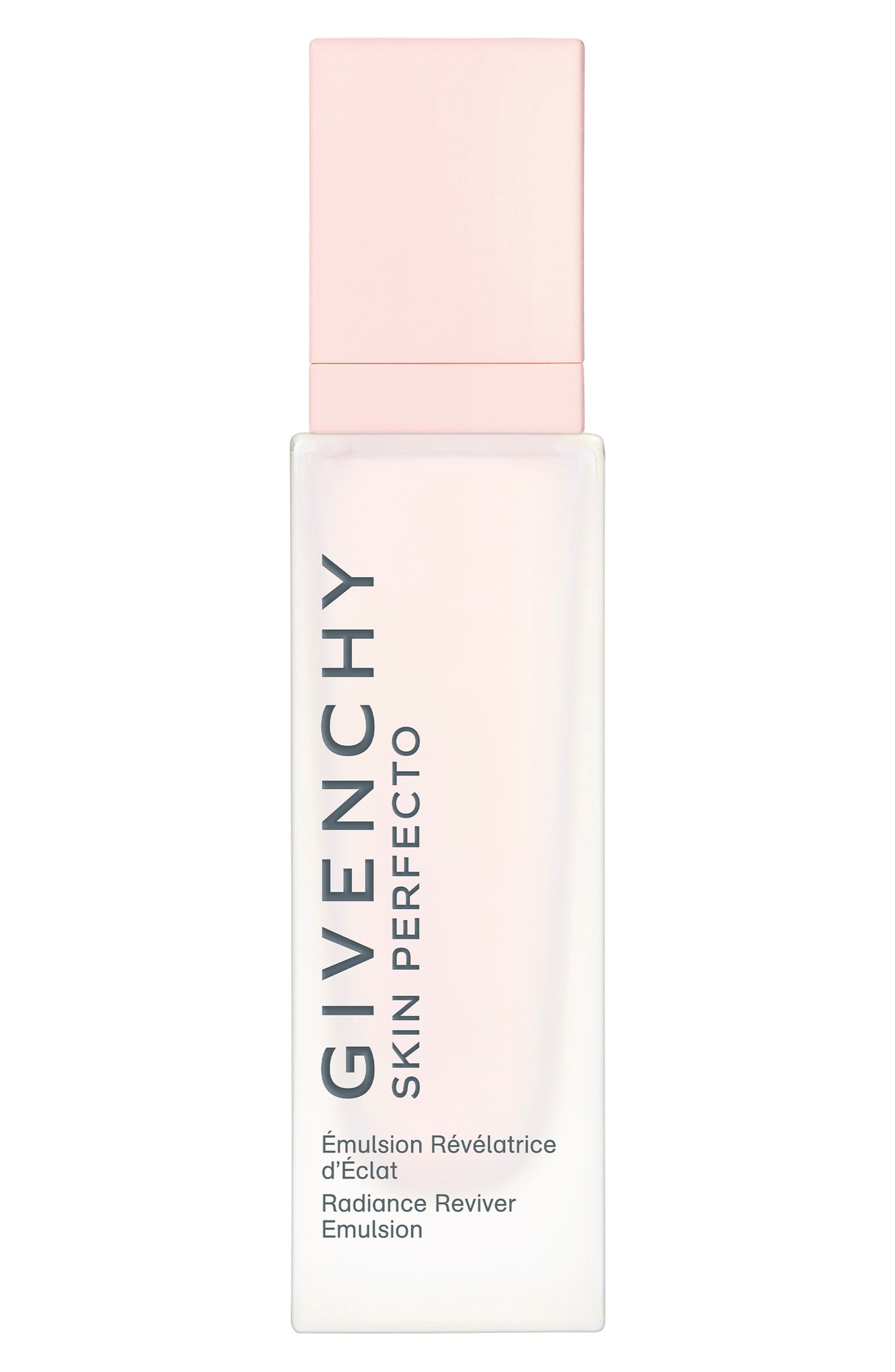 Givenchy Skin Perfecto Radiance Reviver Emulsion in a sleek, transparent bottle with a soft pink cap, featuring elegant typography on the front.