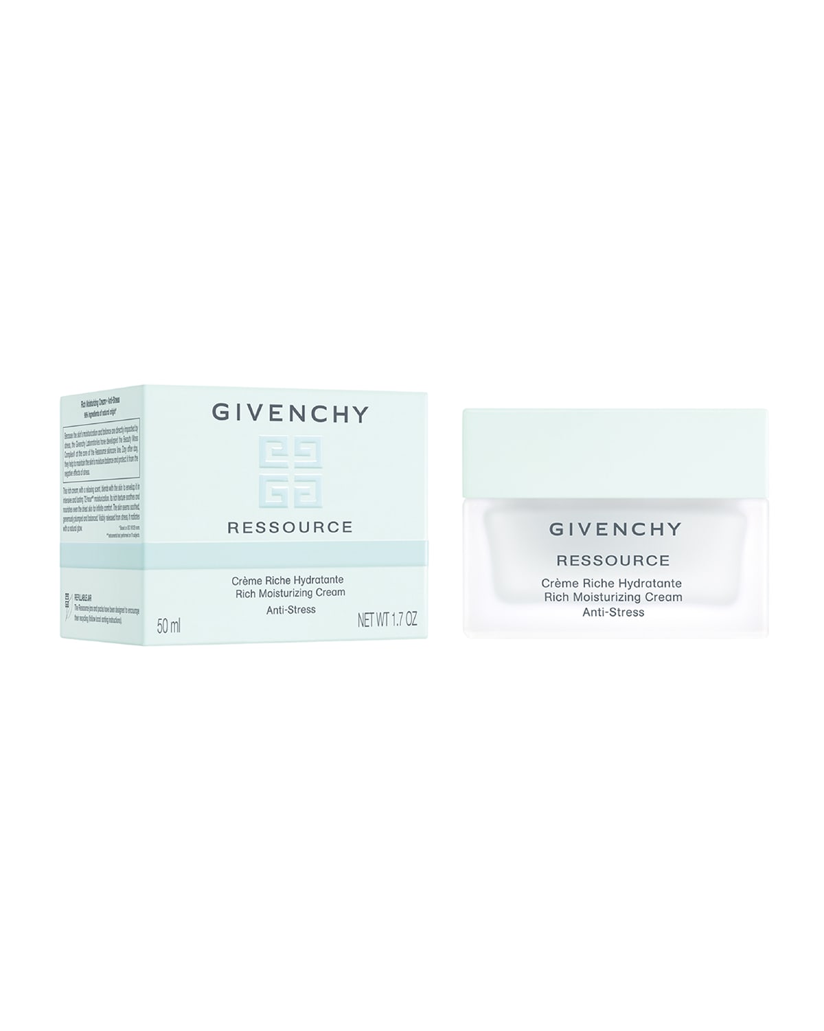Light blue box with white text and Givenchy logo, containing a clear glass jar of rich cream, also labeled in light blue and white, with a capacity of 50 ml.