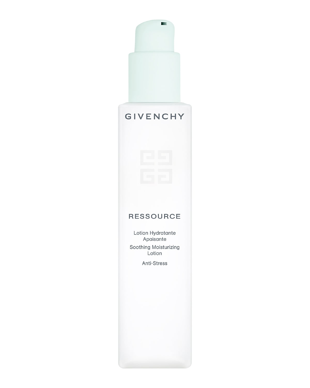 Clear, frosted bottle with a light blue pump top, featuring the Givenchy logo and product name in elegant black text, labeled as "Soothing Moisturizing Lotion" in a sleek design.