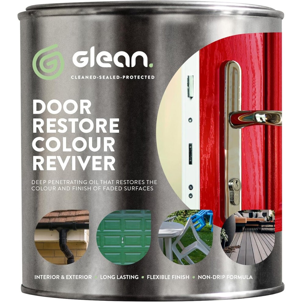 Glean Door Restore Colour Reviver Liquid in a 1-litre can, featuring a green logo, images of restored surfaces, and key benefits like deep penetration and non-drip formula.