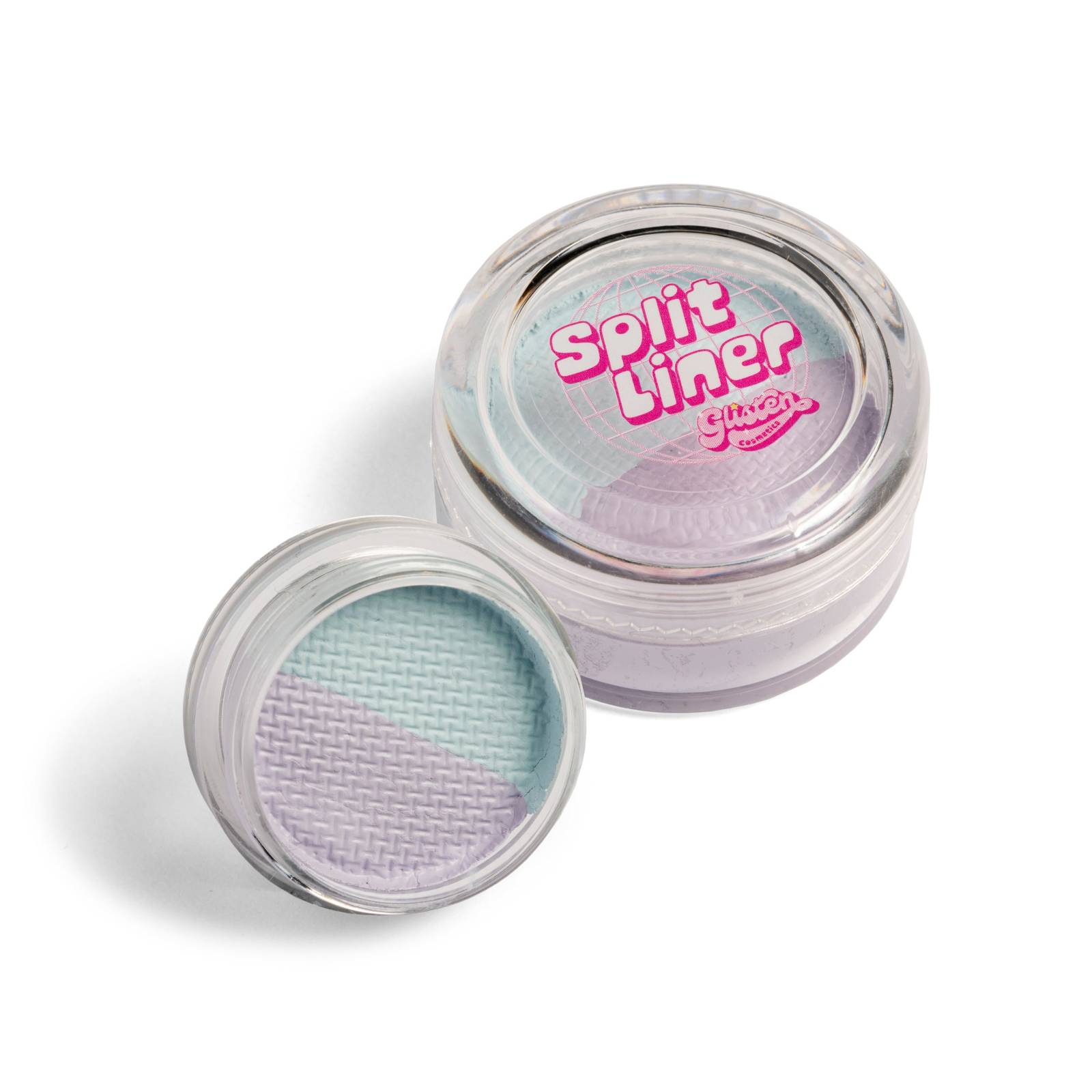 Glisten Cosmetics Split Liner in Galaxy features a clear container with a pink logo, showcasing a dual-colored liner in UV blue and purple with a textured surface.