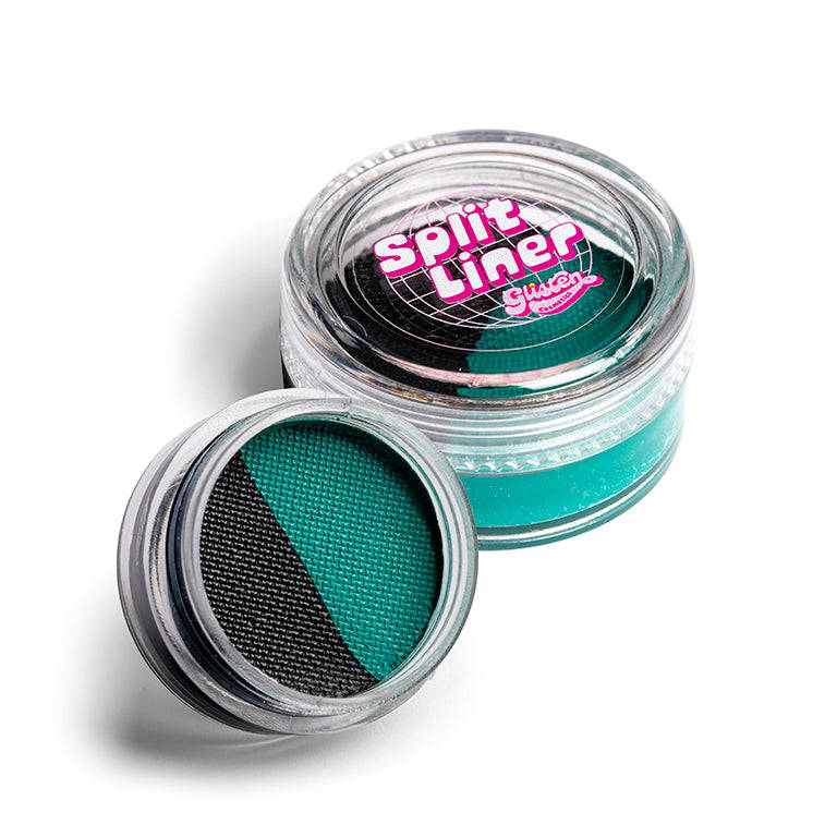 Glisten Cosmetics Split Liner in a clear jar features dark green and black split formula, with a glossy finish and a colorful logo on the lid.