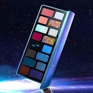 16-color eye shadow palette featuring vibrant shades, including pinks, blues, and purples, with glittery and matte finishes, housed in a sleek, iridescent case.