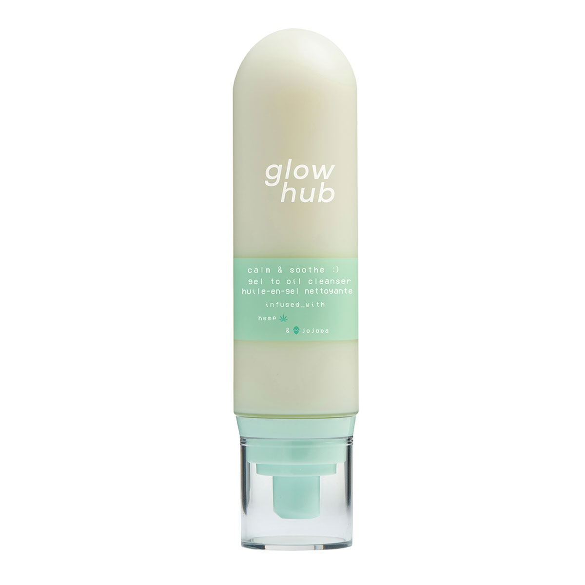 Light green and cream bottle with a rounded top, featuring a pump dispenser and a label that reads "Glow Hub Calm & Soothe Gel to Oil Cleanser 120ml."