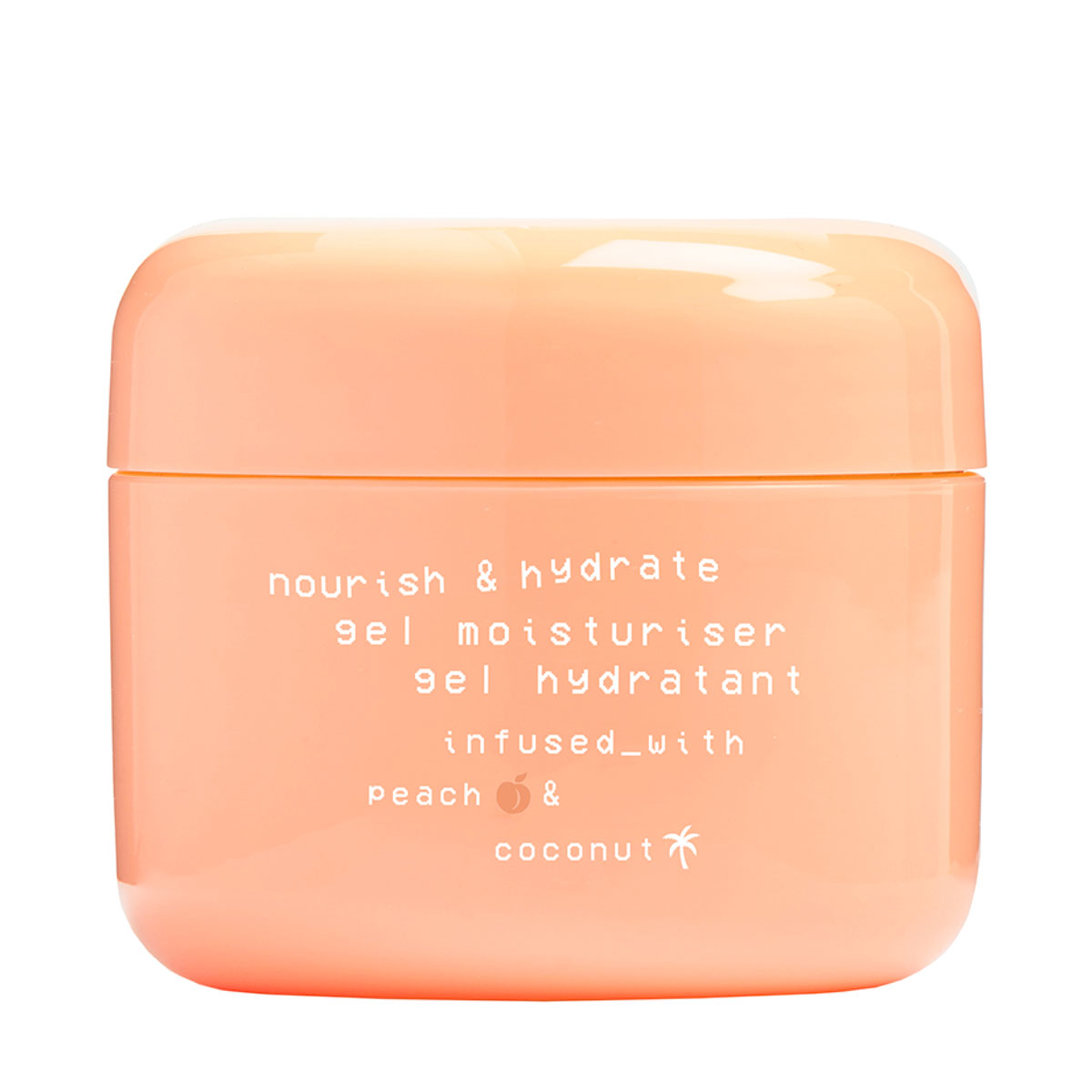 Peach-colored gel moisturizer in a rounded jar, labeled "Nourish & Hydrate" with coconut and peach infusion details in white text.