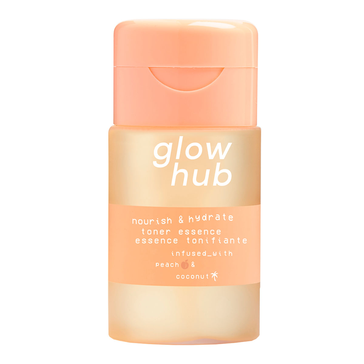 Peach and coconut-infused toner essence in a clear, gradient bottle with a soft peach cap, featuring white text that reads "Glow Hub Nourish & Hydrate Toner Essence."