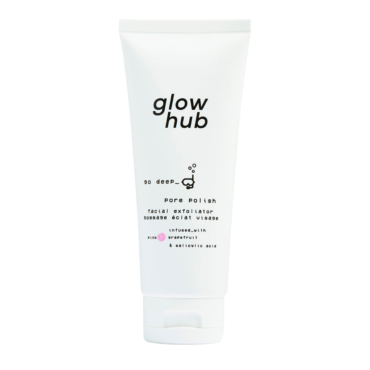 White tube packaging with a flip-top cap, featuring black text that reads "glow hub" and "pore Polish," with a pink grapefruit illustration and key ingredients listed.
