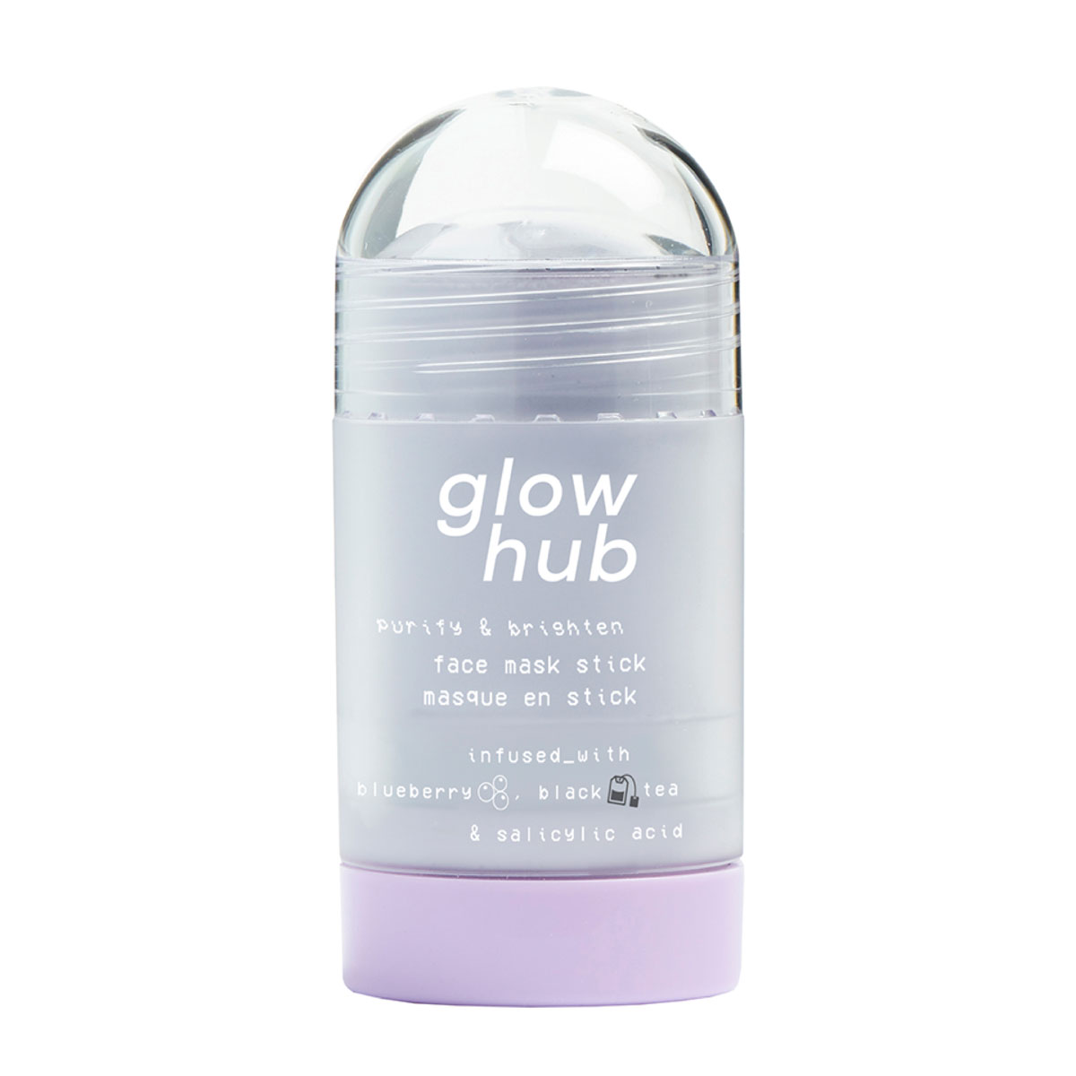 Gray and lavender face mask stick with a clear dome cap, labeled "Glow Hub Purify & Brighten," infused with blueberry, black tea, and salicylic acid, in a 35g size.