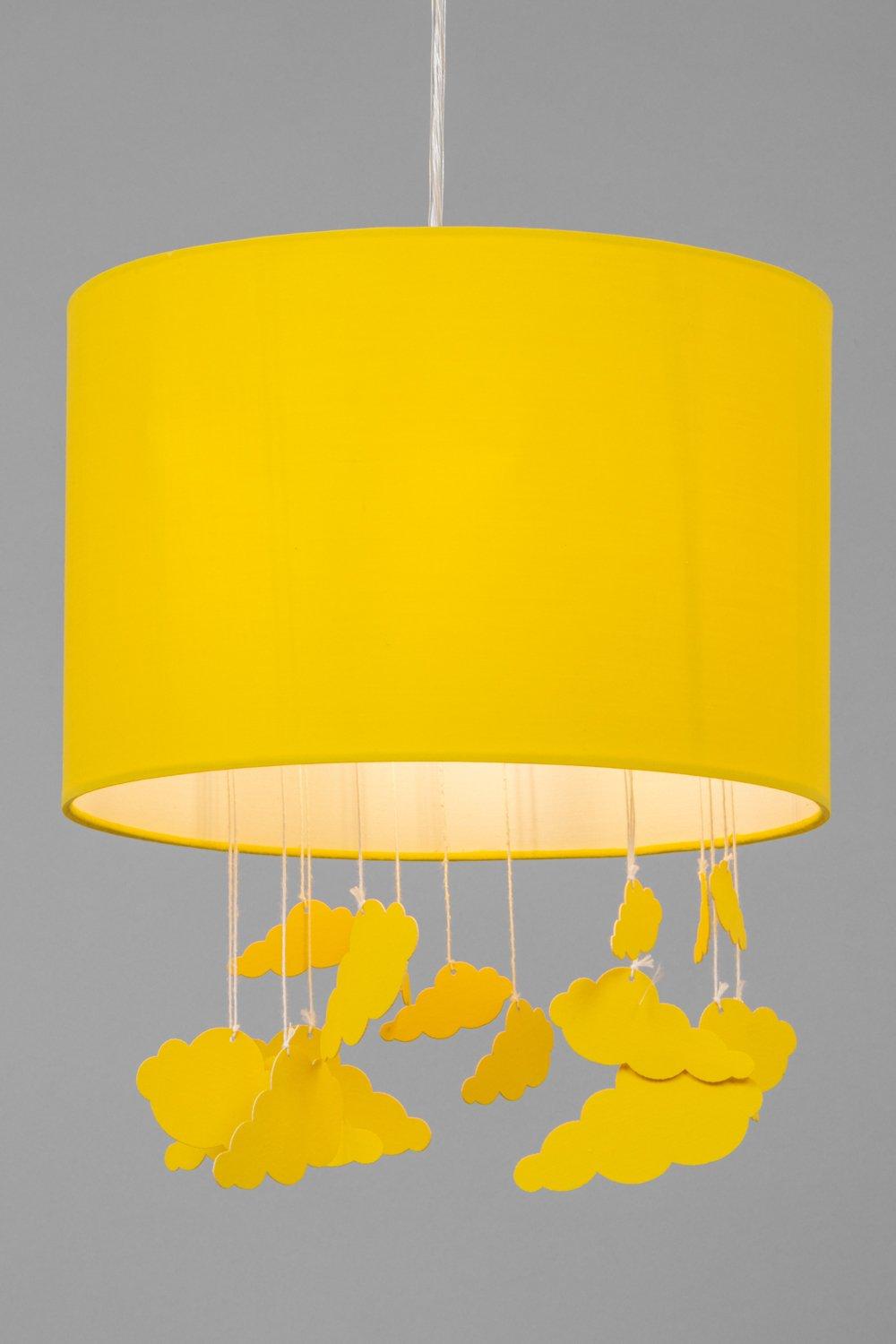 Yellow cylindrical light shade featuring hanging cloud shapes, made from lightweight material, designed to create a whimsical atmosphere.