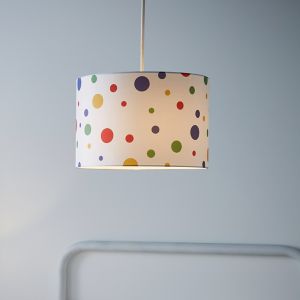 White cylindrical light shade featuring colorful polka dots in red, green, and blue, measuring 30cm in diameter and 21cm high, suspended from a ceiling.