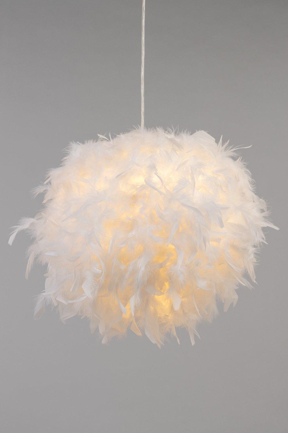 White feather light shade with a spherical shape, measuring 40cm, featuring soft, fluffy feathers that create a warm glow when lit.