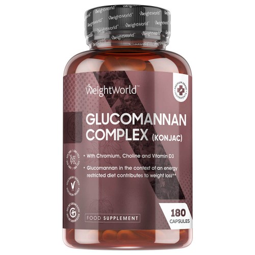 Dark brown bottle with a black and silver label, featuring "Glucomannan Complex" in bold white text, highlighting 3000mg, 180 capsules, and ingredients like Chromium and Choline.