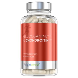 Clear bottle containing beige capsules, labeled "Glucosamine & Chondroitin" in bold white and red text, with a silver cap, highlighting its role as a dietary supplement.