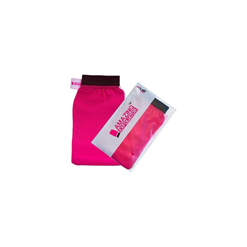 Bright pink exfoliating mitt with a dark brown cuff, packaged in a clear plastic sleeve labeled "Amazing Exfoliator" by GLMR Works.